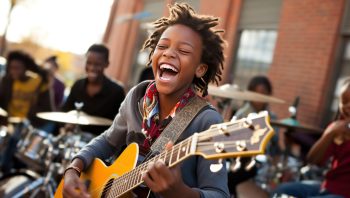 A young Black boy joyfully plays a yellow acoustic guitar outdoors, while other children play percussion instruments in the background.